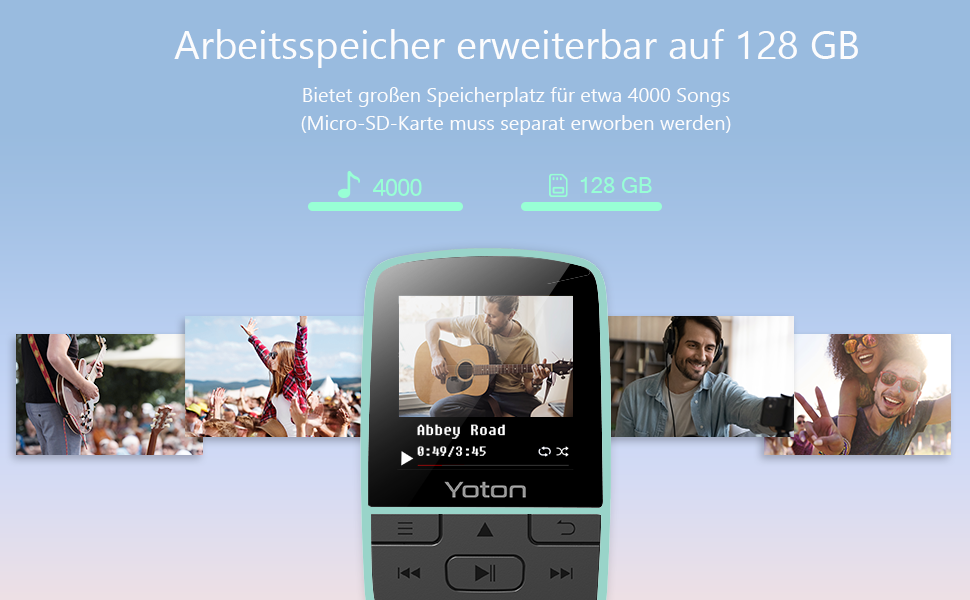 MP3-плеєр YOTON з Bluetooth 5.2, Hi-Fi звук, FM-радіо, диктофон, регулятор гучності, навушники, підтримка SD до 128 ГБ (М'ятний)