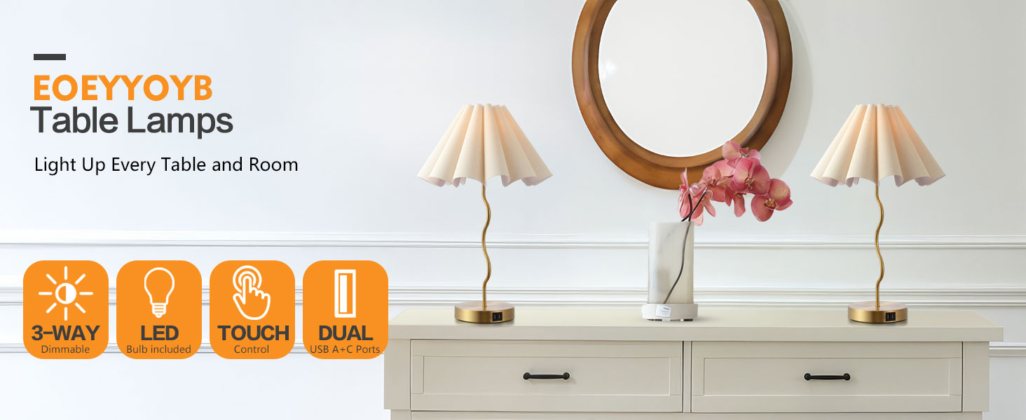 Настільна лампа EOEYYOYB з USB A+C, сенсорне керування, регулювання яскравості, абажур з льону, для спальні та вітальні, біла