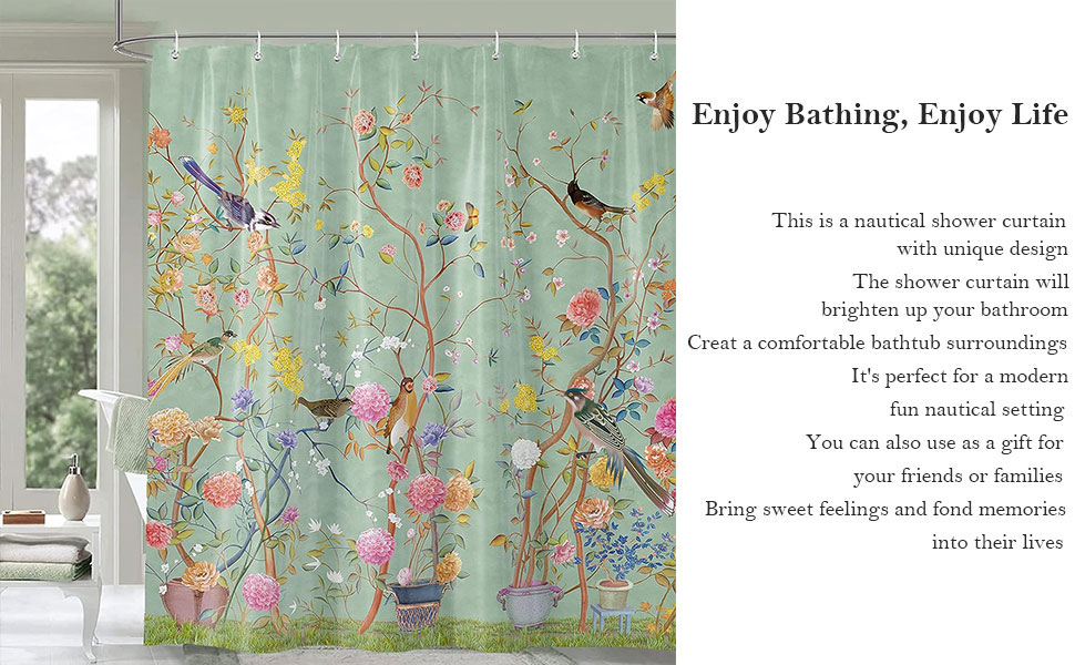 Штора для душу 180x180 см, зелена з квітами та пташками, антигрибкова, водонепроникна, поліестер, з кільцями (12 шт.)