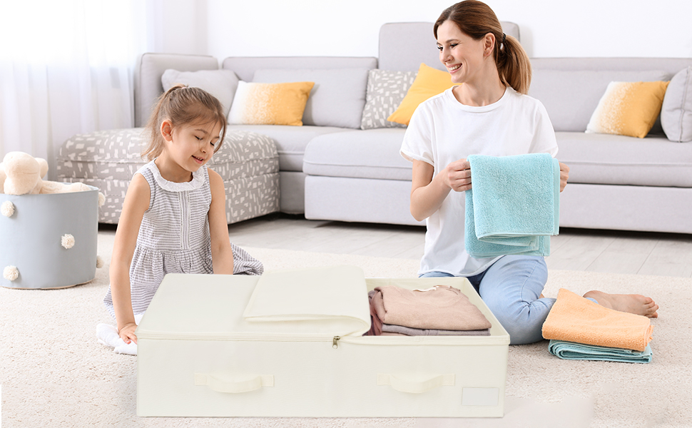 Комод під ліжко Lannvan, 2 шт. Коробки для зберігання під ліжко з кришкою, складні, з 4 посиленими ручками, для одягу, постільної білизни, ковдр, подушок (70 * 41 * 18 см), Бежевий