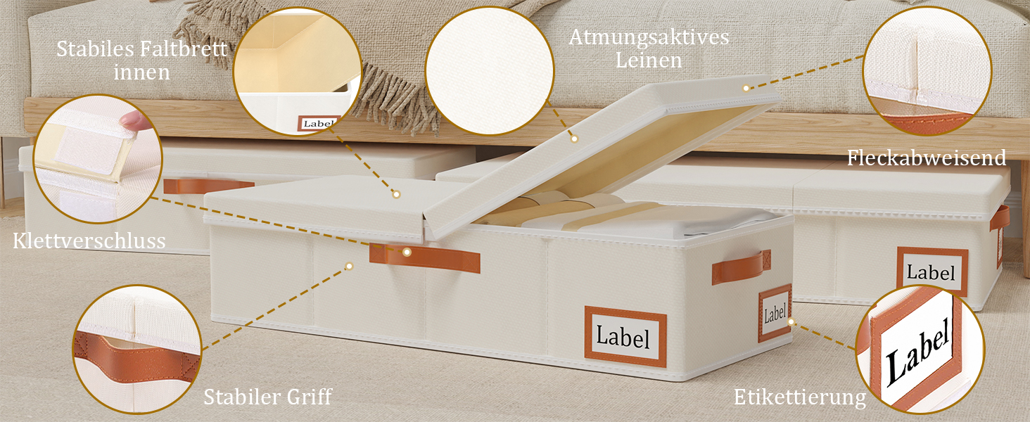 Yawinhe 2 Pack Under Bed Storage Drawers, Clothes Storage with Lid, Foldable Storage Bag with Handles, for Bedding, Blankets, Clothes, 60x30x15cm, Beige