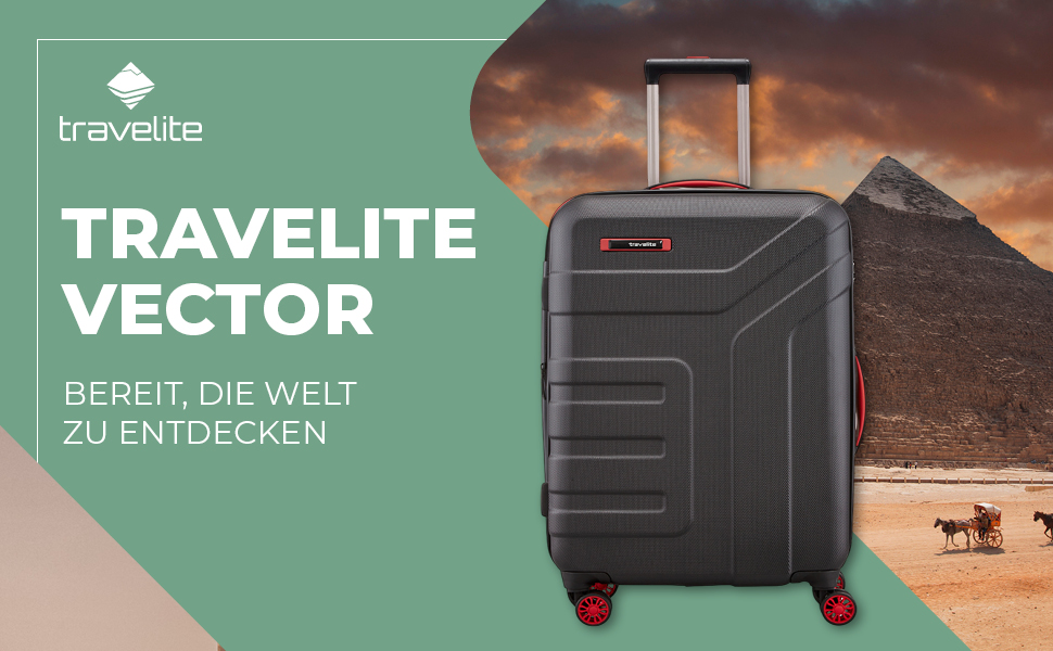 Жорсткий валізний тролей Travelite VECTOR 55 см, 40 л, 4 колеса, TSA замок, ручна поклажа, чорний/червоний, стильний дизайн