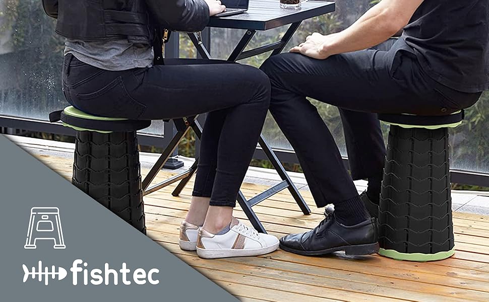 Стілець-телескоп складний Fishtec, регульована висота 6-44,5 см, ABS-пластик, вантажопідйомність 130 кг, портативний 1,28 кг, Ø25,5 см, з плечовим ременем, для кемпінгу, риболовлі, пікніка, чорно-зелений