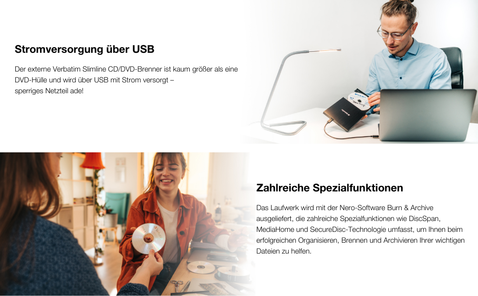 Зовнішній тонкий CD/DVD-записувач Verbatim USB-C USB 3.2 Gen1 з кабелем USB-C на USB-A, компактний привід для ноутбука