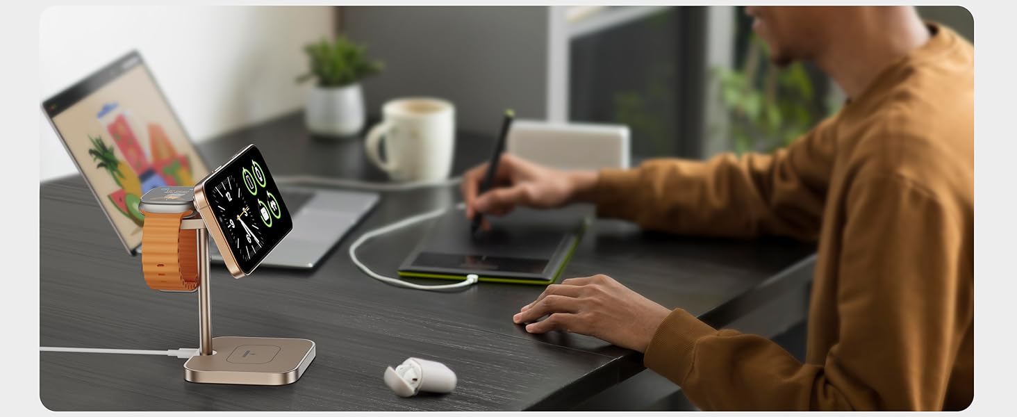 Станція зарядки LULULOOK Qi2 MagSafe 3 в 1 з алюмінію для Apple Watch та iPhone з підтримкою швидкої зарядки 15W (для iPhone 17 Pro Max/17 Pro/17 Air/17) та 5W (для Apple Watch Ultra, AirPods), титан