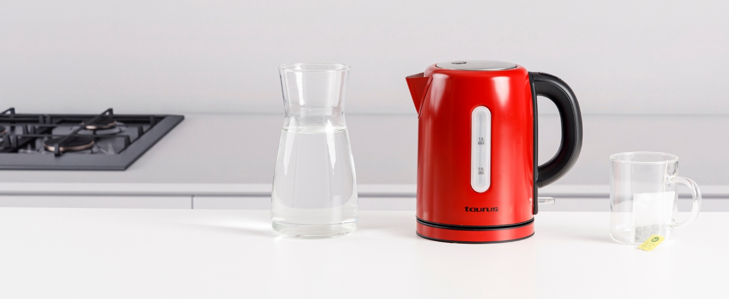 Електричний чайник Taurus Vintage Compact Red 2400W, 1л, 360° обертання, автоматичне відключення, LED-дисплей, без BPA, нержавіюча сталь, індикатор рівня води, ретро-дизайн, червоний