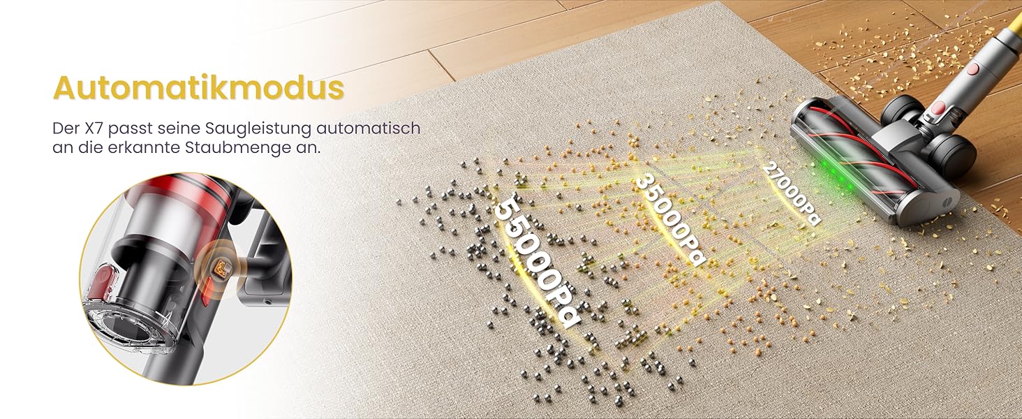 Бездротовий пилосос X7 55Kpa/600W/80Min з LED-дисплеєм, акумуляторний, самостійно заряджається, з антизаплутувальною щіткою, автоматичний режим для килимів, шерсті тварин та твердих поверхонь, золотий