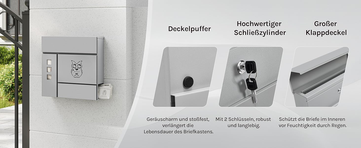 Поштовий ящик WOLTU XXL з газетницею, оглядовим вікном, замком (2 ключі), захистом від реклами, антрацит (сірий+чорний) 10,5x37x37 см