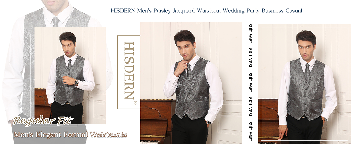 Костюм-трійка для чоловіків HISDERN V3-01: елегантна жилетка з двобортною застібкою, вузький крій, жаккард з візерунком пає, чорний, 6XL