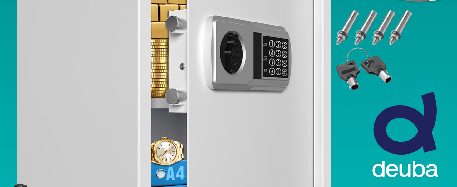 DEUBA® XXL електричний сейф 35x40x40 см, 4 мм, з подвійними сталевими болтами, внутрішнім освітленням, монтажним комплектом. Сейф для документів, меблевий сейф, срібний