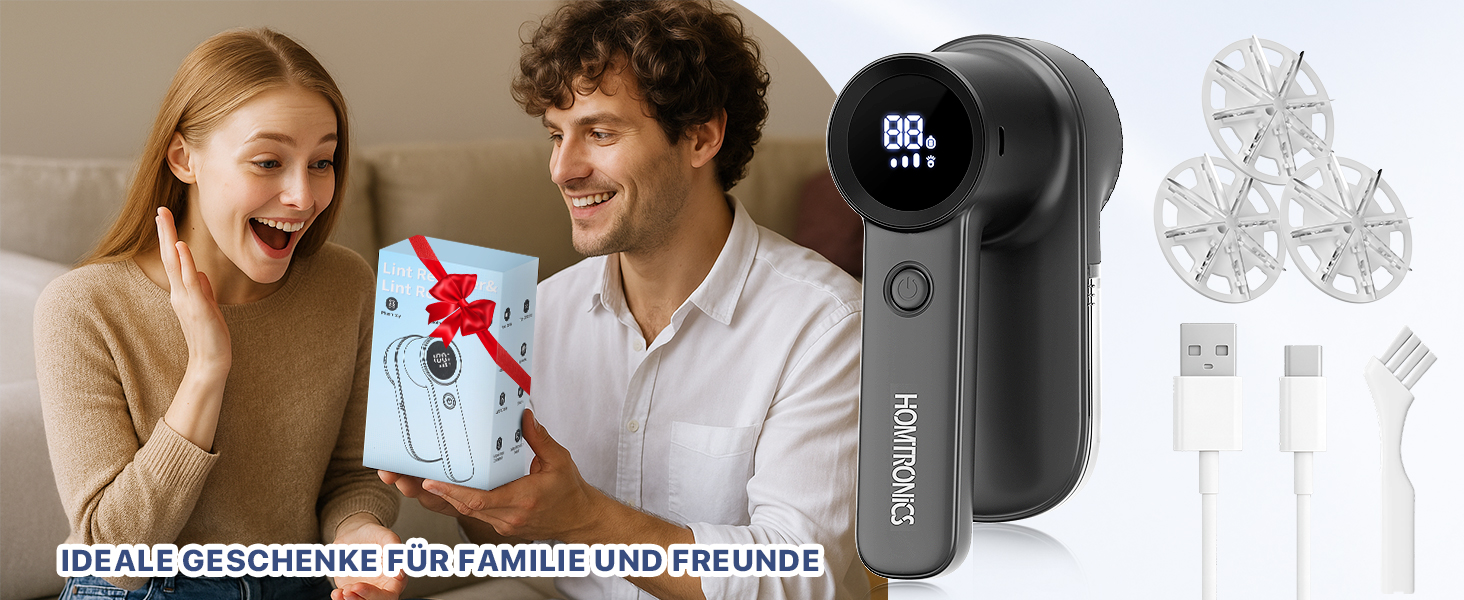 Електричний видалення ворсу Fusselrasierer: USB зарядка 2000mAh, LED-дисплей, 3 режими, 3 змінні насадки для одягу та ковдр (чорний)