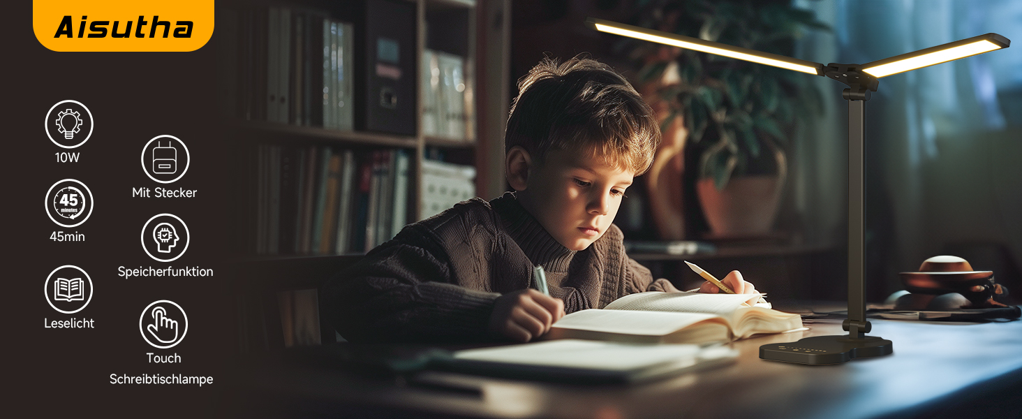 LED лампа настільна з двома руками, 5 кольорів та 10 рівнів яскравості, таймер вимкнення 45 хв, сенсорне керування, для навчання (біла) (чорна)