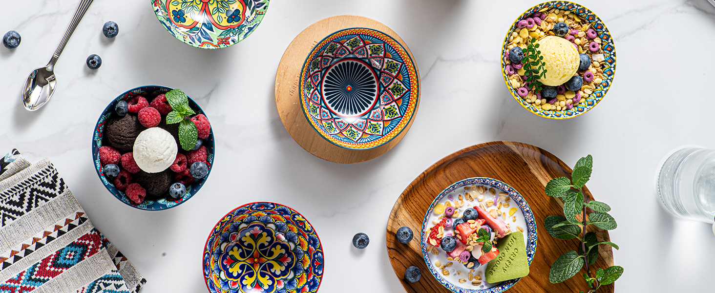 Набір керамічних мисок HENXFEN для мюслі, супу, салату та пасти (6 шт.) - богемний стиль