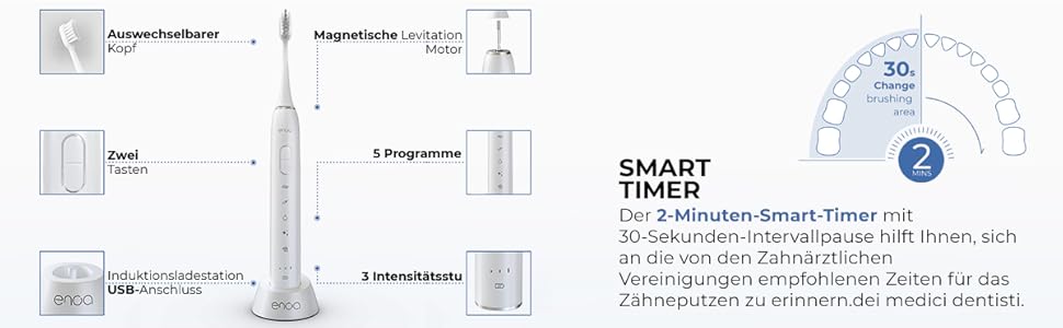 Електрична звукова зубна щітка ENOA з 5 режимами, 3 рівнями інтенсивності, таймером, IPX7 водонепроникна + 5 змінних насадок