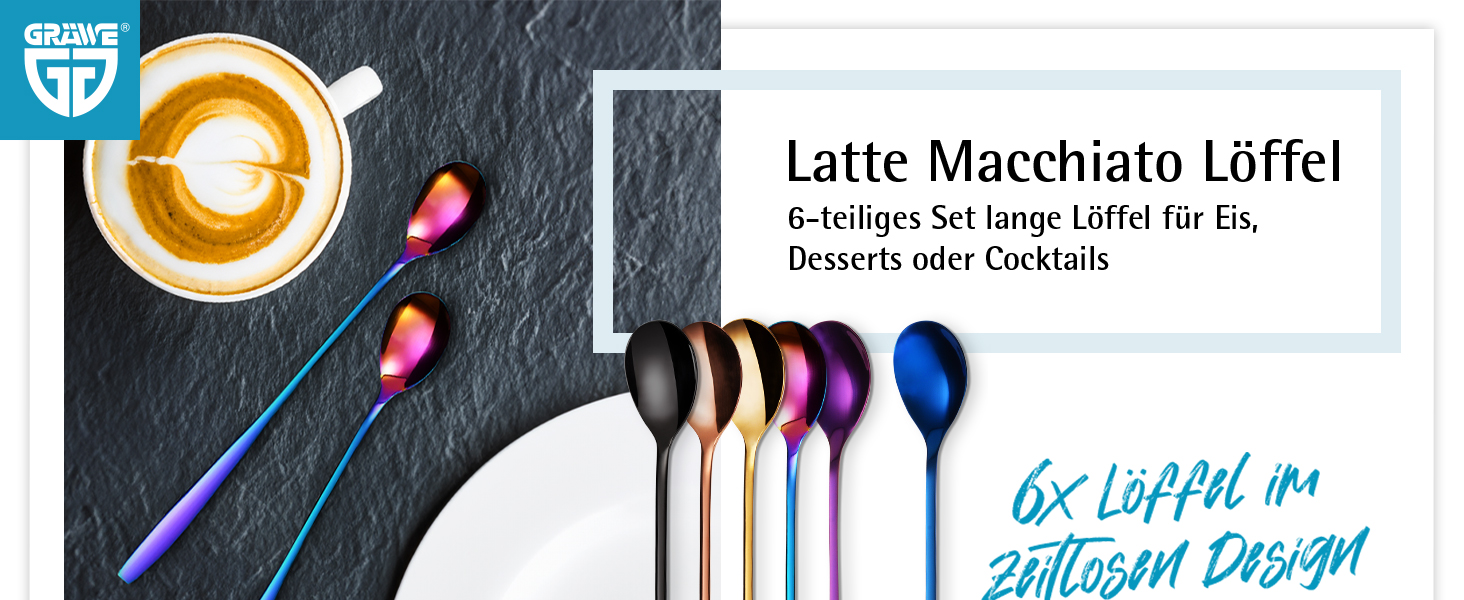 Ложка для Еспресо та Латте Макіато Gräwe з нержавіючої сталі, довга, для кави, десертів та айс-ті, придатна для миття в посудомийній машині, кольори (різнокольорові)