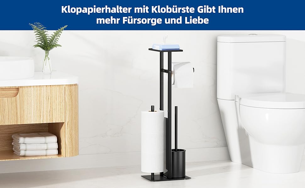 Stainless Steel Toilet Paper Holder with Brush - Standing Toilet Paper Roll Holder with Tray and Glass Shelf (Matte Black)
