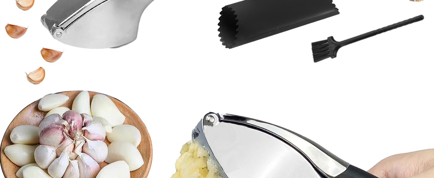 Прес для часнику з нержавіючої сталі - багатофункціональний прес для часнику з силіконовим очищувачем та щіткою для чищення. Прес для часнику, придатний для миття в посудомийній машині. Чорний + срібний