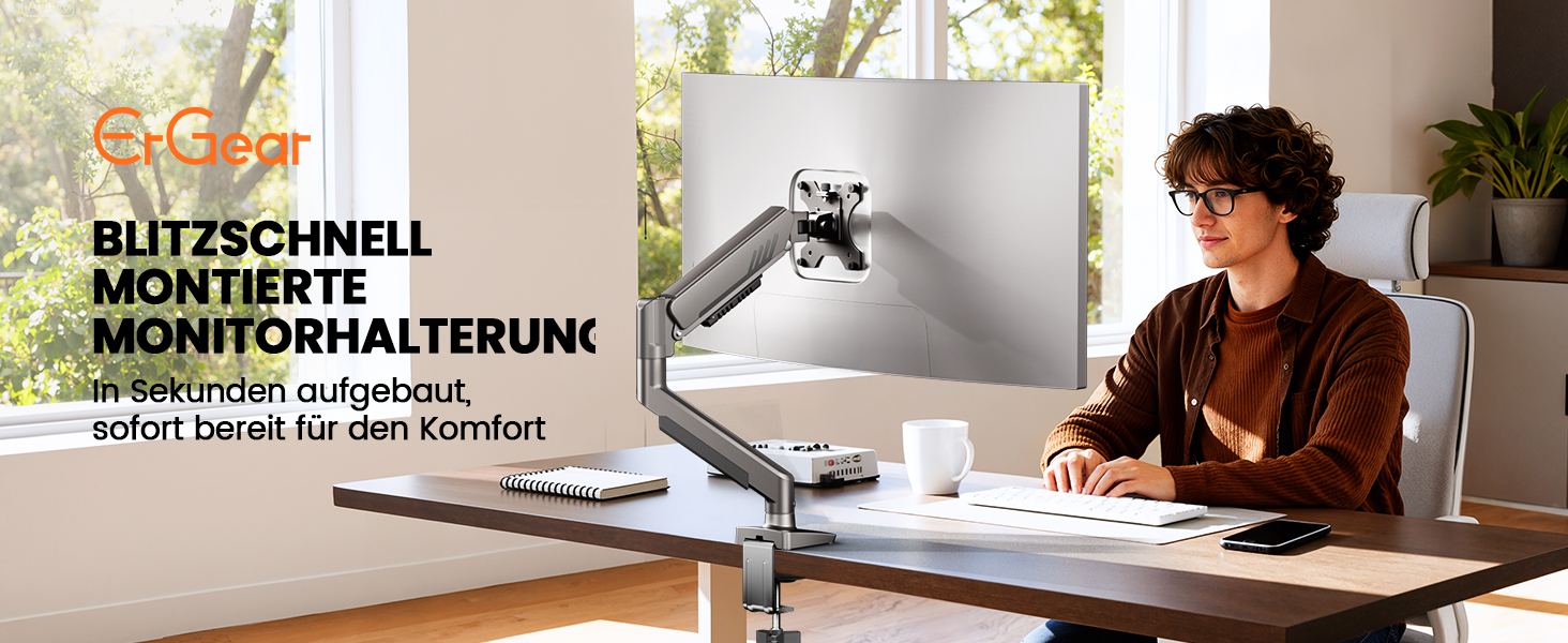 Кріплення для монітора ErGear: регульований кронштейн для моніторів 13-34 дюймів, підставка з кабельною організацією, VESA 75/100 мм, до 9 кг (срібний)