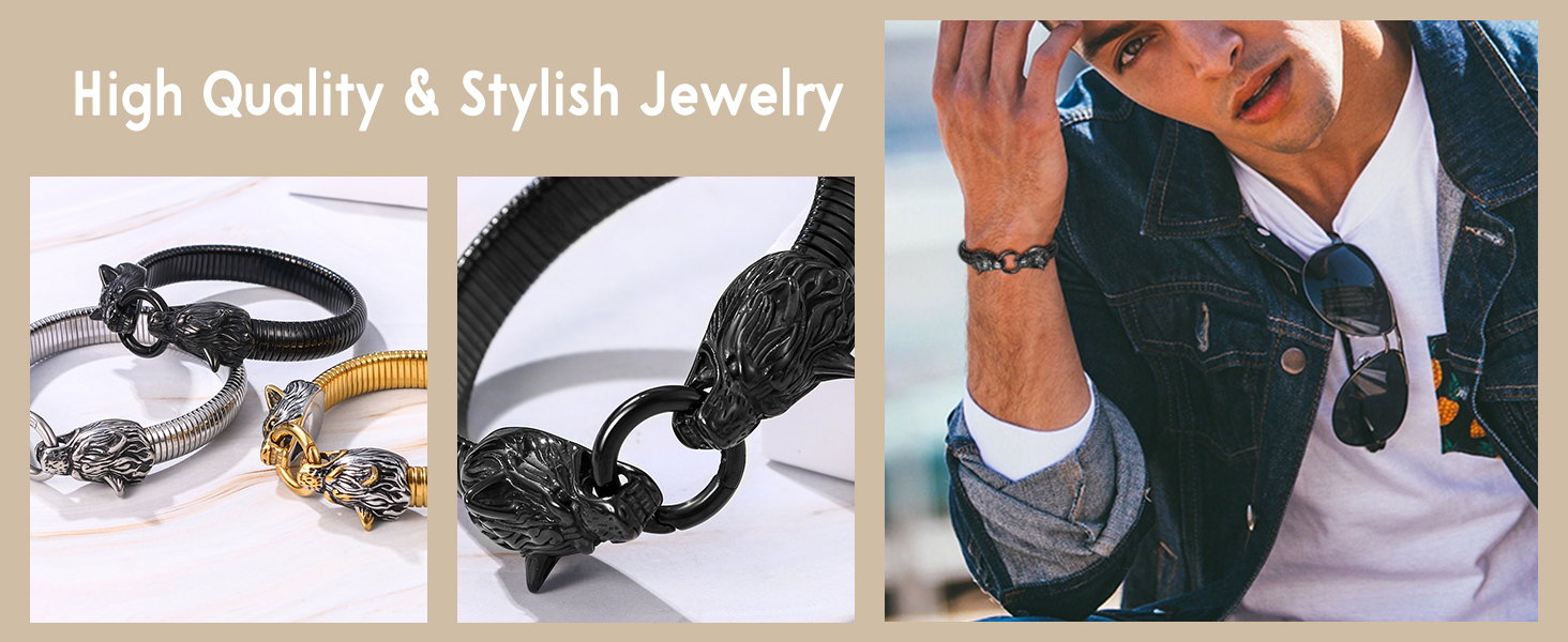 Чоловічий браслет JewelryWe з нержавіючої сталі з вовком, плетіння, стиль вікінг/байкер, відкритий браслет, срібло/золото/чорний, еластичний