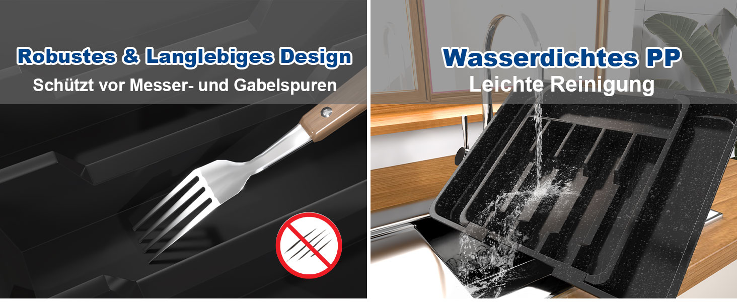 Органайзер для столових приборів в шухляду 40 см, чорний, пластиковий, з регульованими перегородками (6-8 відділень)