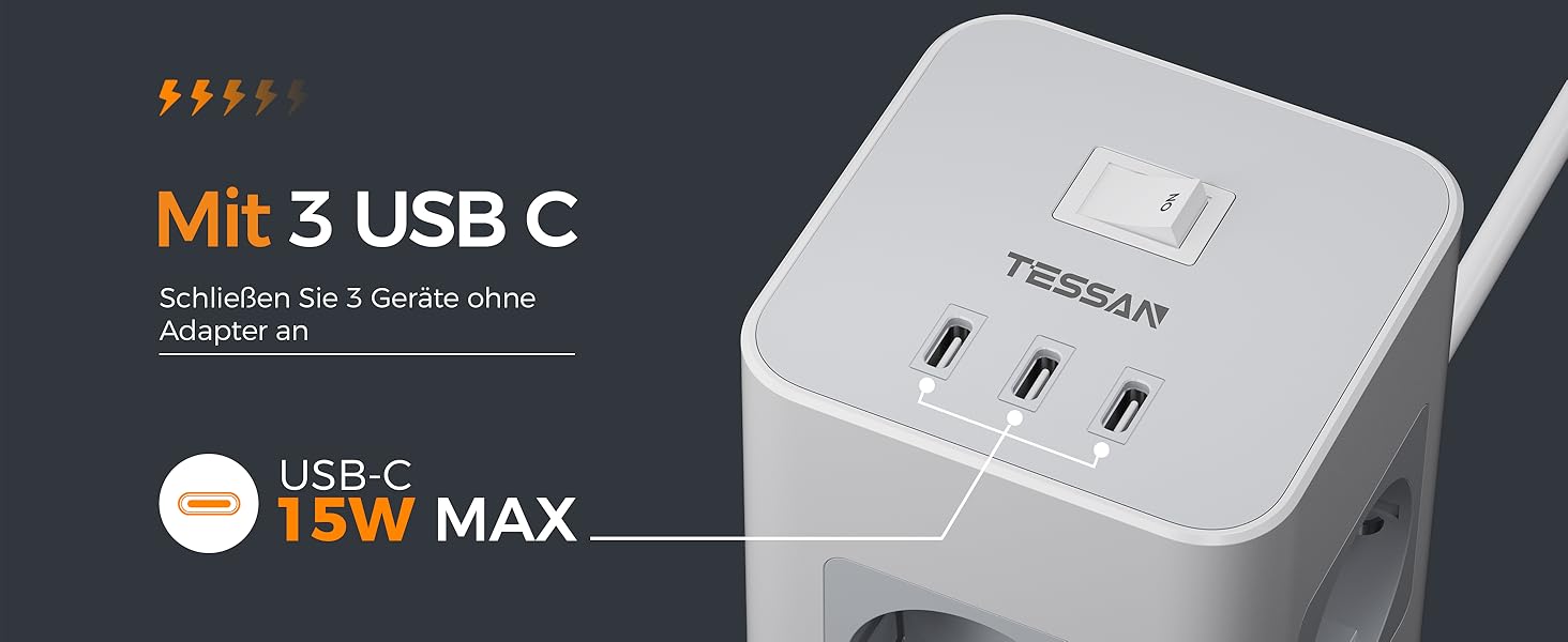 Блок розеток TESSAN з захистом від перенапруги, 3600W, 16A, 8 розеток, 3 USB-C, 2M, сірий