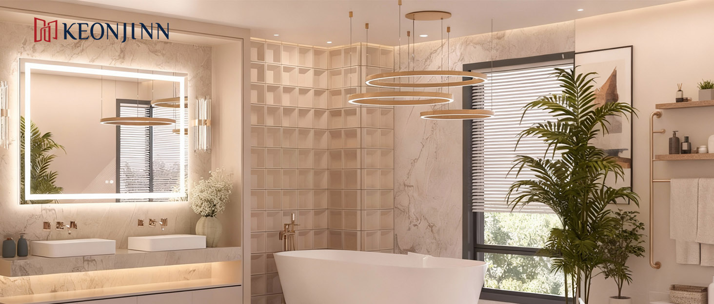 Дзеркало для ванної кімнати Keonjinn з підсвічуванням, чорний металевий каркас 60x80 см, антизапітніння, LED, сенсорне управління, 3 кольори світла, регулювання яскравості, функція пам'яті, настінне дзеркало