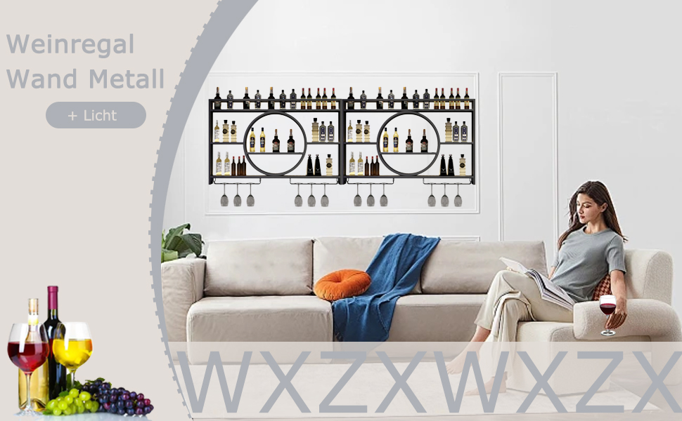Настінна полиця для вина з металу, 100 см, з тримачем для келихів, LED-підсвічуванням, чорна. Ідеально для бару, вітальні, кухні.