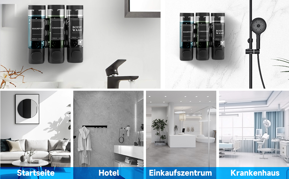 Настінний диспенсер для мила та гелю для душу з 3 відсіками (300мл, ABS, чорний)