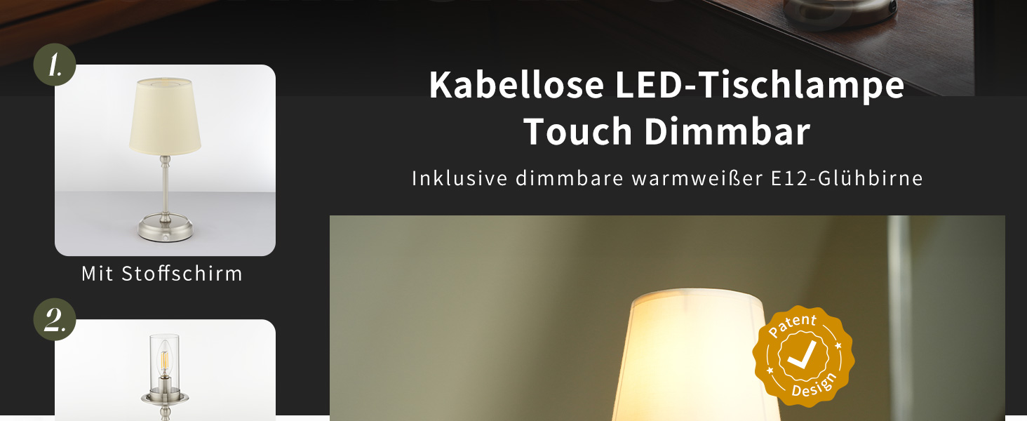 Нічник бездротовий акумуляторний Wiederaufladbare для вітальні, спальні, їдальні - Gold (з лампочкою, димування, сенсорне управління, 5200 mAh)