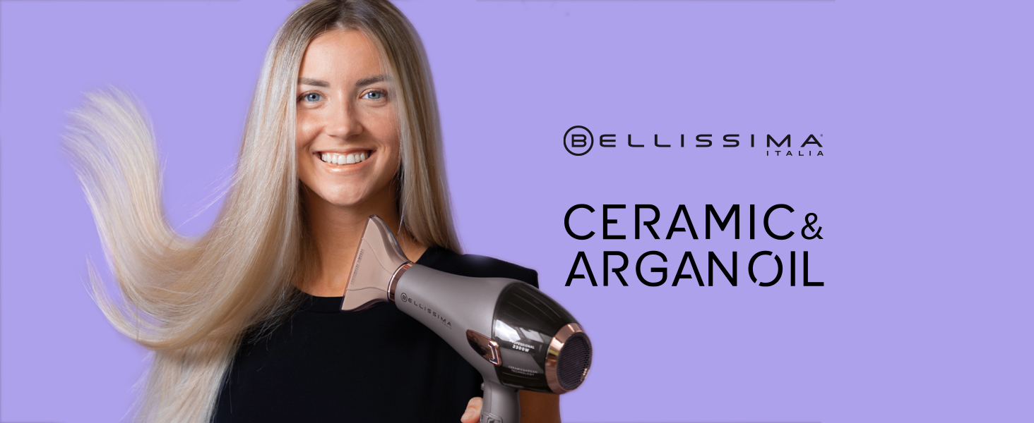 Професійний фен Bellissima Ceramic&Argan Oil з керамічним покриттям та олією аргану, 2300 Вт, іонізація, холодний обдув, 3 режими, 2 насадки, дифузор