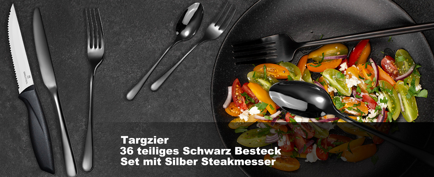Набір столових приборів на 6 осіб, Targzier, 36 предметів, нержавіюча сталь, з ножем для стейка, преміум-якість, для сім'ї/вечірки/готелю, чорний, придатний для миття в посудомийній машині