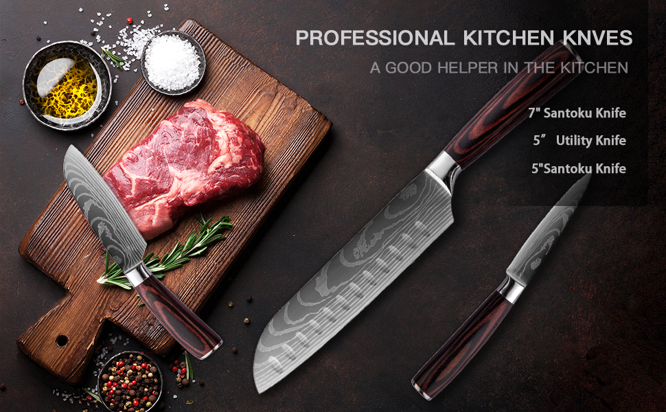 Набір кухонних ножів 5 шт. з нержавіючої сталі, преміум якість, ергономічні дерев'яні ручки, гострі ножі для професійних кухарів, універсальний ніж, подарункова коробка