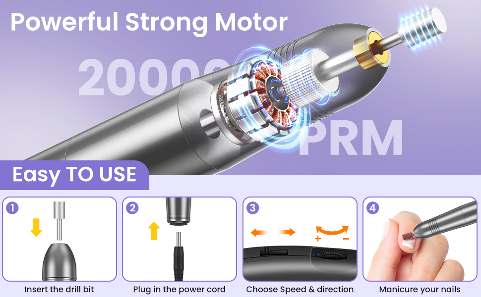 Електричний фрезер для нігтів з регулюванням швидкості, 20000 об/хв, для манікюру та педикюру, набір для видалення кутикули, Shellac, Acrylgel, гель-лаку, акрилу