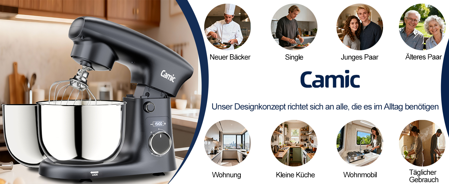 Кухонна машина Camic з LED-дисплеєм, 10 швидкостей, 3 насадками (діядовий, міксер, вінчик) та 2 чашами з нержавіючої сталі 4Л та 5Л для тіста, хліба та тортів, сіра