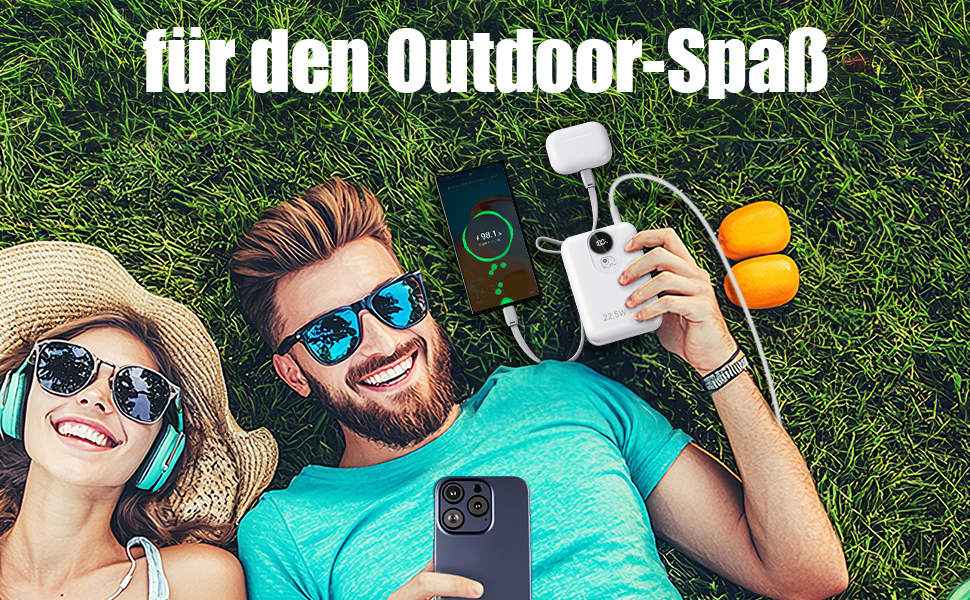 Power Bank 20000mAh з інтегрованим кабелем: Швидка зарядка 22.5W, USB C (вхід та вихід), акумулятор для мобільного телефону, Powerbank з 4 виходами та 2 входами, білий