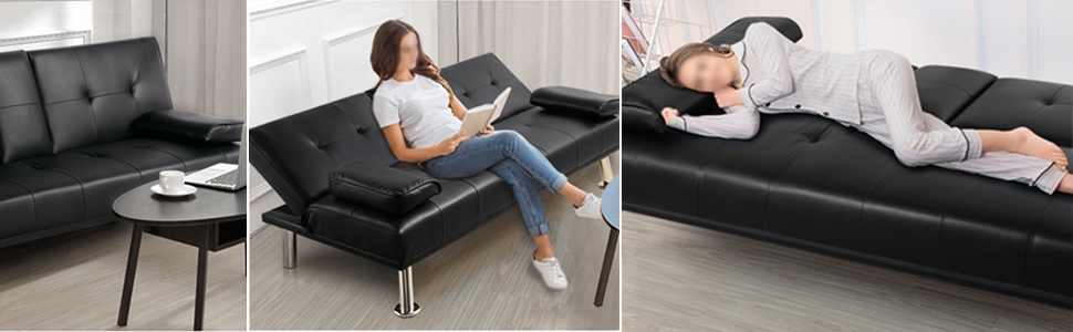Yaheetech 3-Seater Convertible Sofa Bed with Cup Holders and Guest Bed