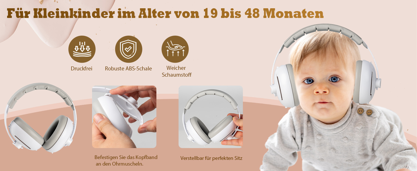 Навушники для захисту від шуму для малюків та дітей до 48 місяців - захист від шуму, регульоване антиковзне наголов'я, захист від пошкодження слуху, покращує сон, білий, універсальний розмір