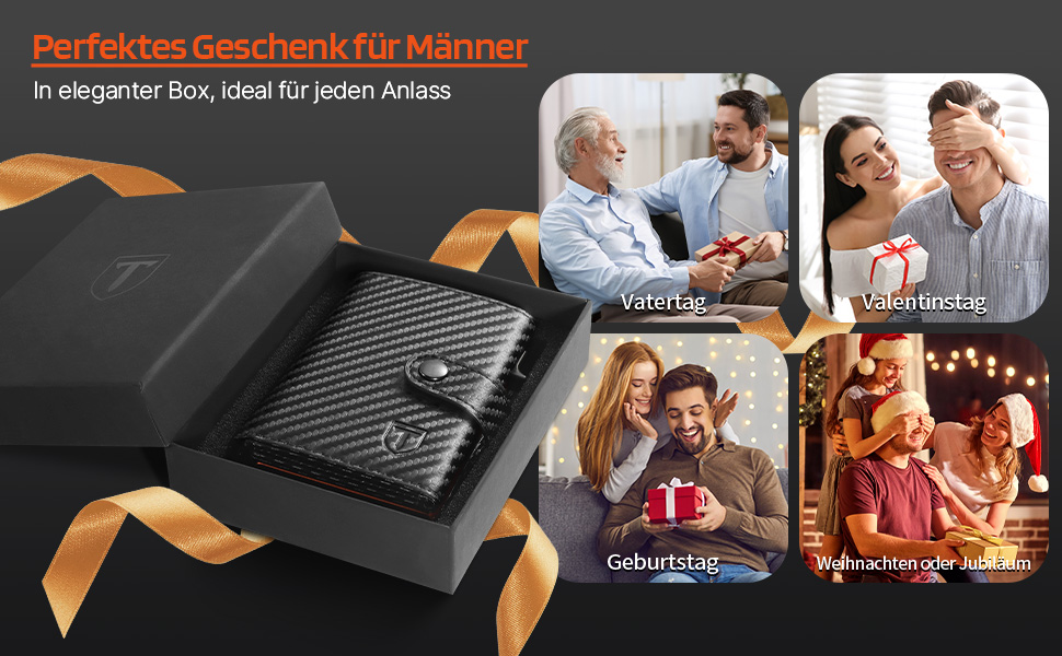 Чоловічий гаманець Tomylv з RFID захистом, стильний, з карбонової шкіри, двостороній, чорний & помаранчевий