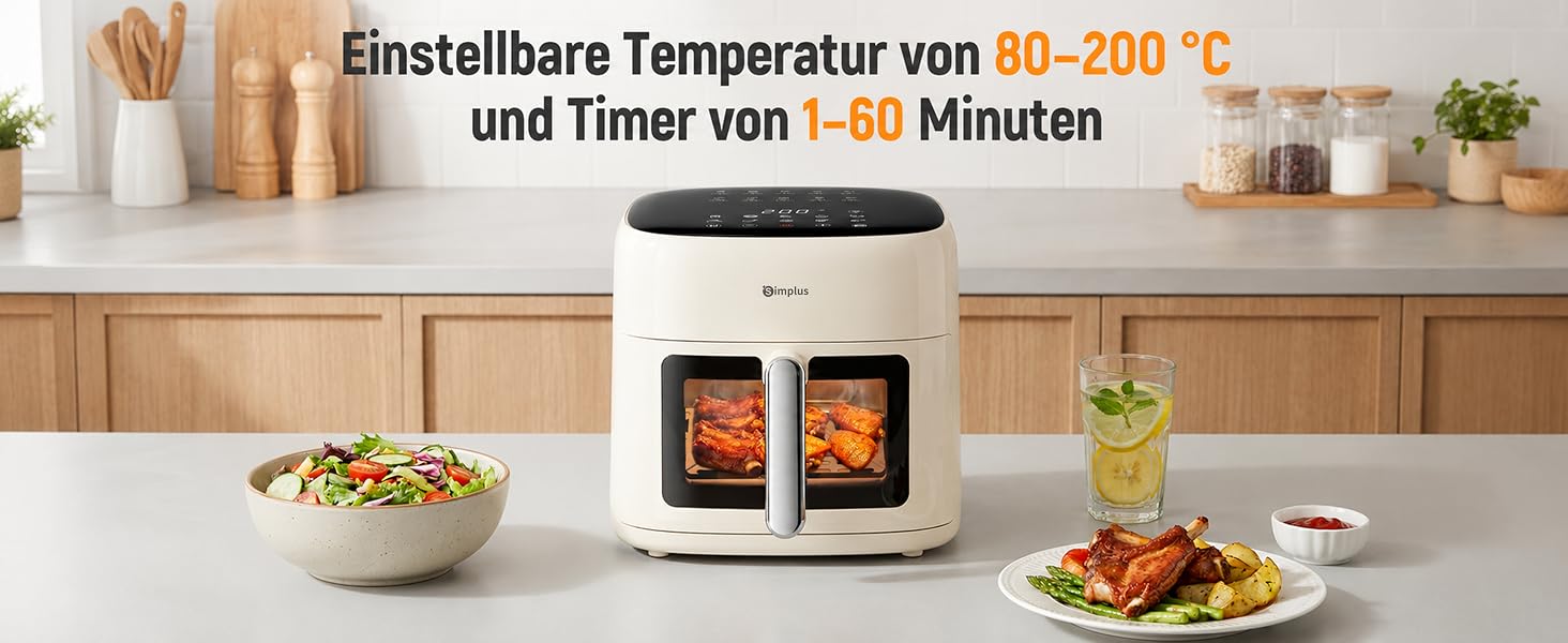 Аерофритюрниця SIMPLUS Airfryer XL 6.5 л з вікном та сенсорним керуванням, 1500 Вт, 10 програм, антипригарне покриття
