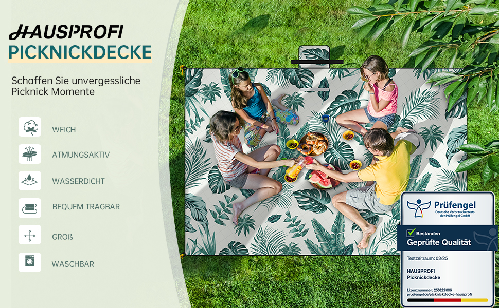 Плед для пікніка HAUSPROFI 200x300 см, водонепроникний, ізольований, зелений з квітковим малюнком. Для пляжу, кемпінгу, з ручкою та кілочками