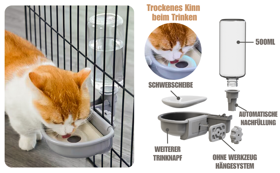 Автоматична поїлка для собак у клітку, 480мл, антиперелив, фонтанчик для собак, котів та кроликів (сірий)