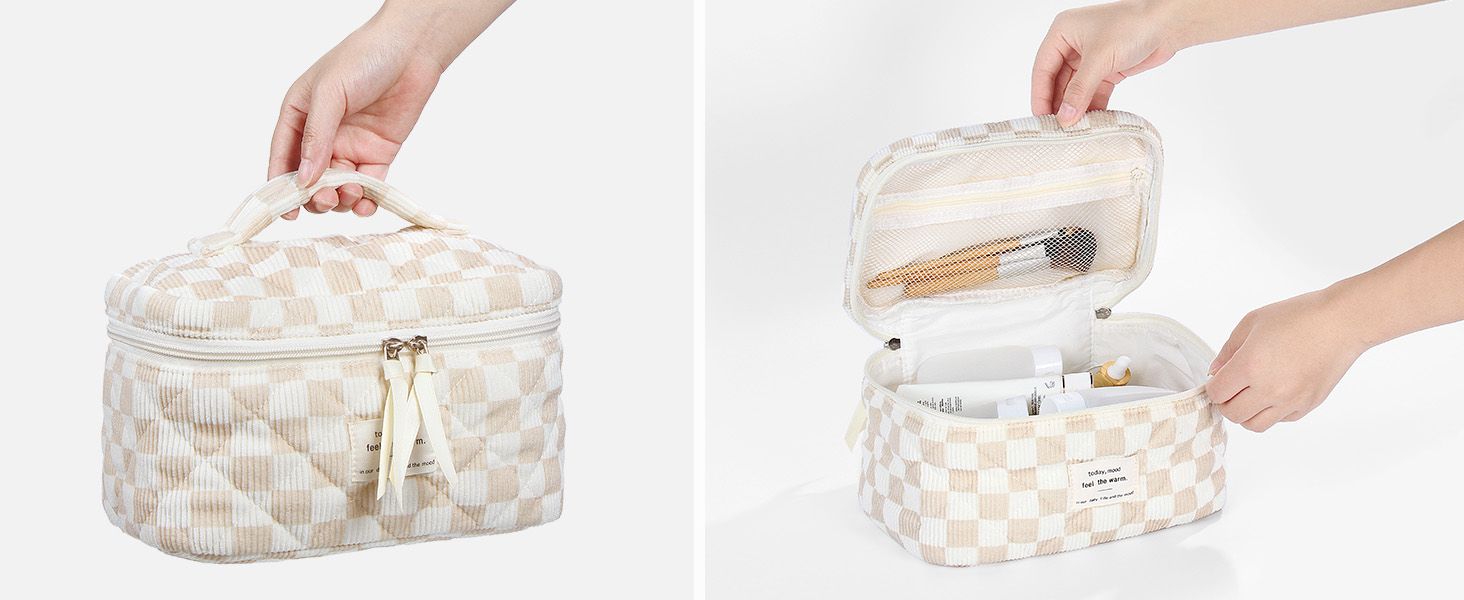 Набір косметичок 3 шт. з квітковим принтом, для подорожей та повсякденного використання | Косметичка для макіяжу для жінок та дівчат. Хакі в клітинку