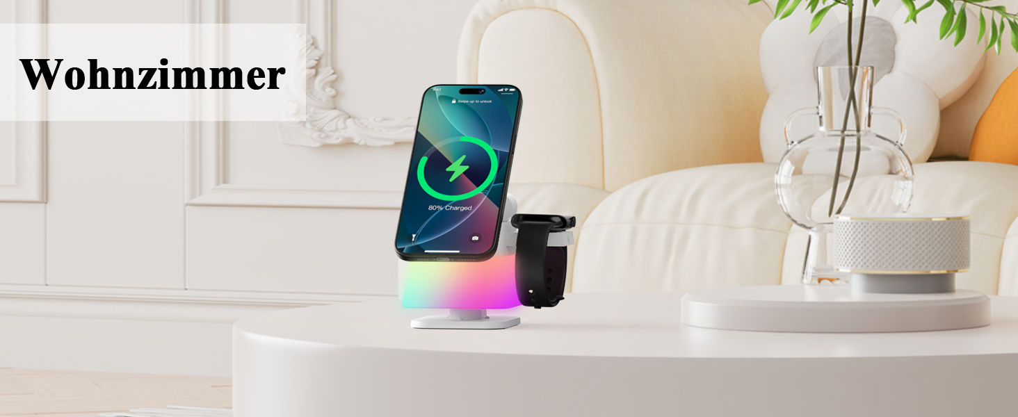Бездротова зарядна станція 3-в-1 Minthouz Leap Cube 15E, швидка зарядка Qi 15Вт з багатокольоровою підсвіткою для iPhone 16, 15, 14, 13