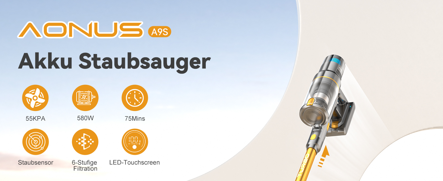 Бездротовий пилосос Aonus 55Kpa 580W з дисплеєм, час роботи до 75 хв, автоматичний режим, для килимів, шерсті тварин та твердих поверхонь, золотий