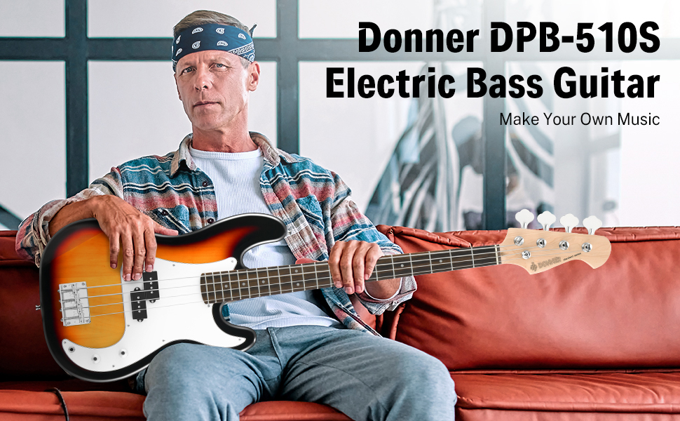 Бас-гітара Donner E для початківців, 4-струнна P-стиль, повний розмір, з сумкою, ременем та кабелем (sunburst)