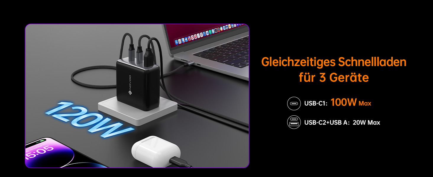 Зарядний пристрій USB-C 67W NOVOO GaN III 3-порти, швидка зарядка для MacBook, iPad, Pixel, Samsung, iPhone, Steam Deck (Чорний)