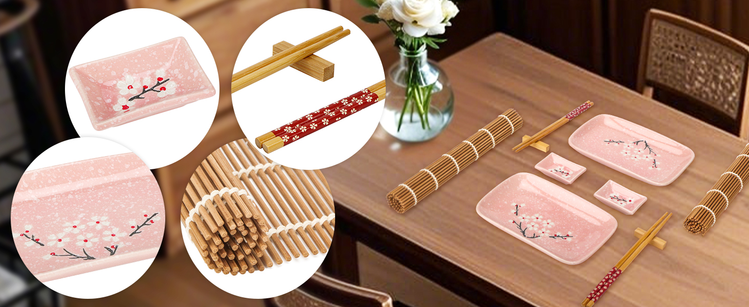 Набір для суші Exzact (10 шт.) – 2 тарілки, 2 миски для соусу, 2 підставки під столові прилади, 2 пари паличок для їжі – високоякісний фарфор, у подарунковій коробці – блакитний колір