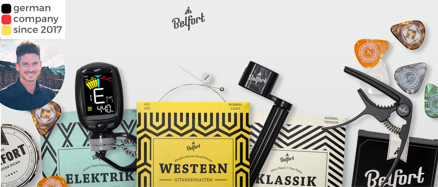 Гітарний ремінь Belfort® для електрогітари, акустичної гітари, бас-гітари та укулеле - для дорослих та дітей. З мікрофібри + E-BOOK