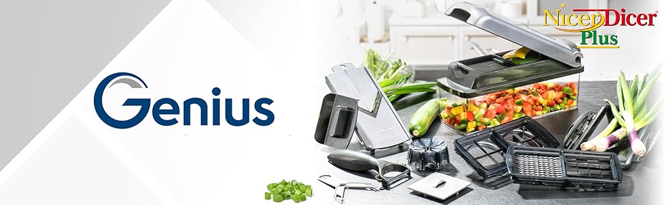 Набір для нарізки овочів Genius Nicer Dicer Plus (12 частин) - нарізник для овочів, цибулі, картоплі фрі, фруктів, універсальний нарізник, подрібнювач, шатківниця, для зберігання, срібний/чорний