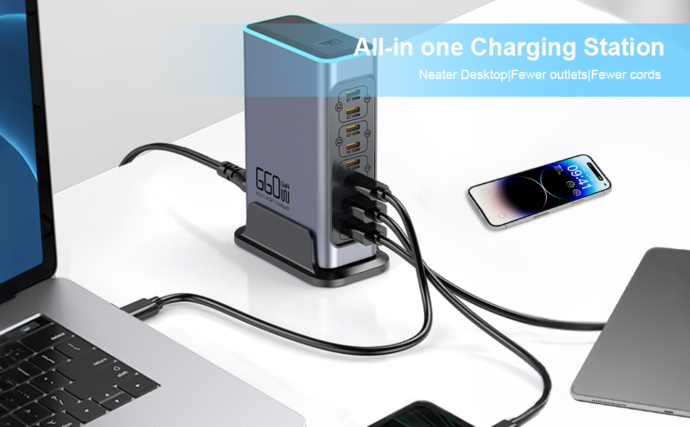 Зарядний пристрій USB 240W, 6 портів: 4xUSB + 2xUSB-A для MacBook, iPad, iPhone, Samsung (швидка зарядка)